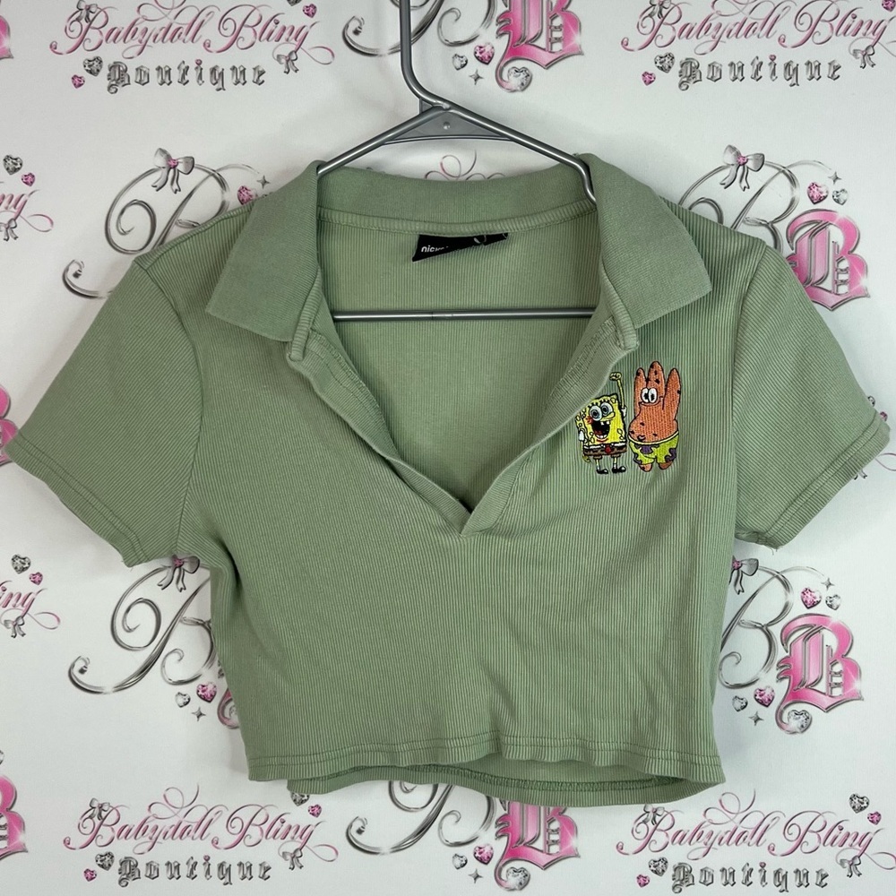 Nickelodeon cropped tshirt SpongeBob Patrick Olive Green Crop Top Embroidery y2k